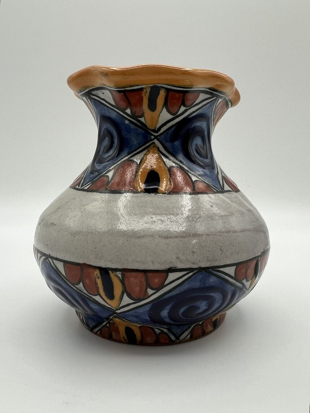 Spanish Art Pottery Bud Vase 4” Hand Painted Florals & Swirls Signed